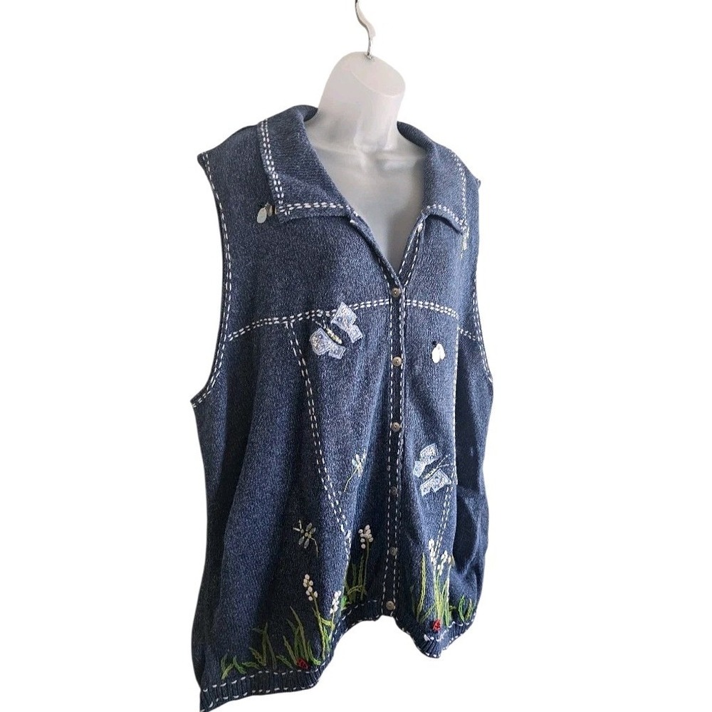 VTG QUACKER FACTORY Embroidered Butterflies & Honey Bees Blue Sweater Vest Sz 3X - Picture 6 of 11